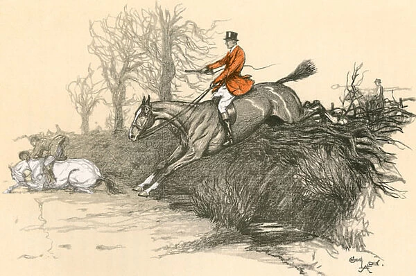 Huntsman on horseback jumping a hedge