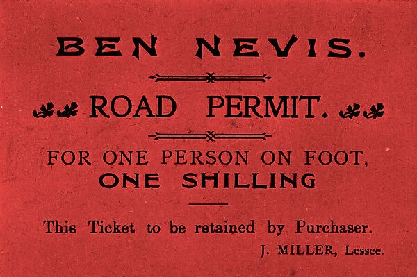 Ticket, Ben Nevis road permit, Lochaber, Scotland