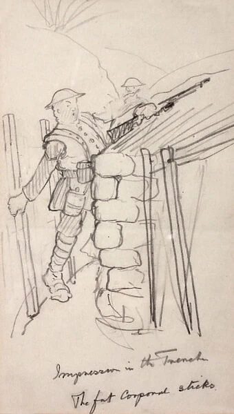 WW1 drawing, fat corporal stuck in a trench
