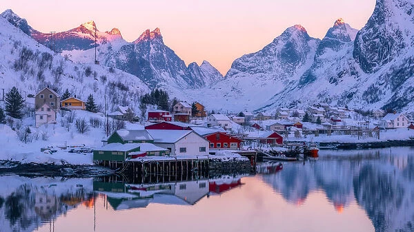 Reine fishing village in winter, Reinefjord, Moskenesoya, Lofoten Islands, Arctic