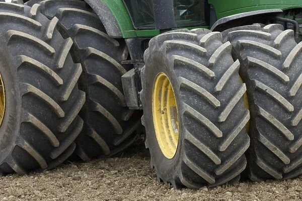 John Deere 8530 tractor, close-up of dual wheels and tyres, Sweden