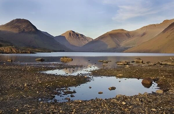 View of lake in evening light, with Great Gable and other fells in background, Wastwater, Wasdale Valley
