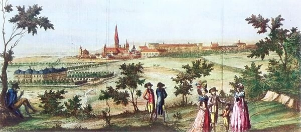 BONN, 18th CENTURY. A view of the city of Bonn, Germany, and its surroundings: colored line engraving, late 18th century