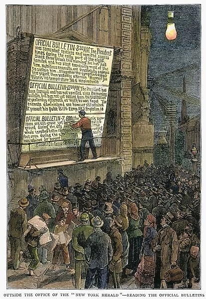 Bulletins posted outside the office of the New York Herald in the aftermath of the assassination of President James A. Garfield on 2 July 1881