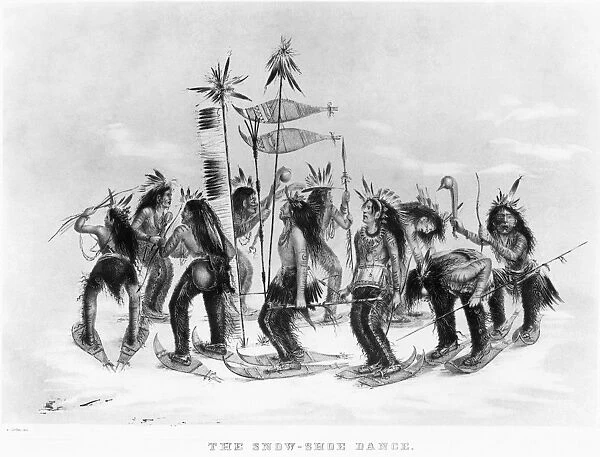 CATLIN: SNOW-SHOE DANCE. Snow-shoe dance of Ojibwa Native Americans on the first fall of snow