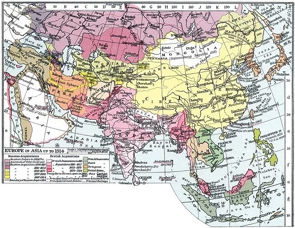 MAP: EUROPE IN ASIA. Map of Asia, English, c1935, emphasizing the territorial acquistitions of the Russian and British Empires up