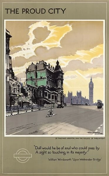 POSTER: LONDON, 1944. The Proud City - St. Thomass Hospital and the Houses of Parliament