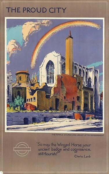 POSTER: LONDON, 1944. The Proud City - the Temple Church and Library after bombardment