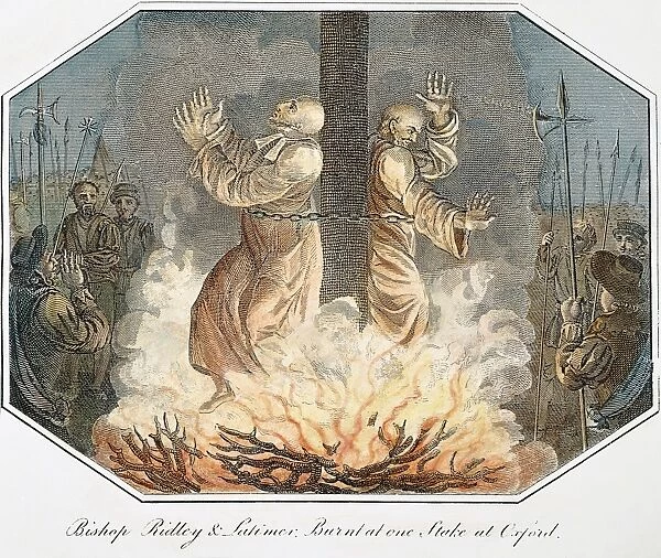 RIDLEY & LATIMER, 1555. The burning of Bischops Nicholas Ridley and Hugh Latimer at the stake near the gates of Balliol College, Oxford, 16 October 1555: engraving, 1812
