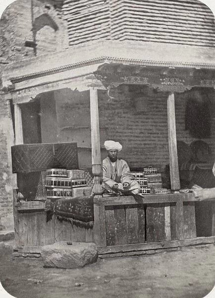 SAMARKAND: VENDOR, c1870. A chest vendor at the bazaar in the Zaravshan district of Samarkand