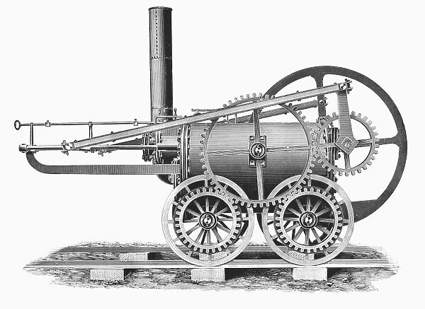 WALES: LOCOMOTIVE, 1804. Richard Trevithicks steam railway locomotive of 1804, an adaptation of his portable steam engine. It operated for a short time in southern Wales. Line engraving, 19th century