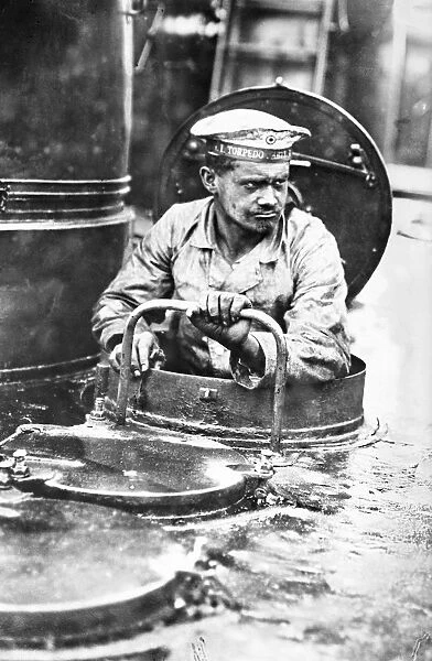 WWI: TORPEDO BOAT, c1914. A German sailor in the turret on a torpedo boat. Photograph