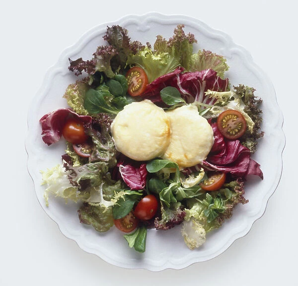 Chevre tiede, grilled goats cheese served on bed of mixed leaf and cherry tomato salad, a typical dish from Southwest France, view from above