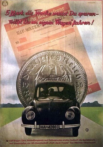 Late 1930s poster advertising Volkswagen, the Peoples Car. The text: Save 5 marks a week
