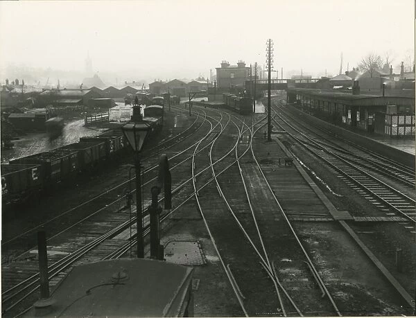Bishops Stortford, view looking north from station platform. Main station building centre