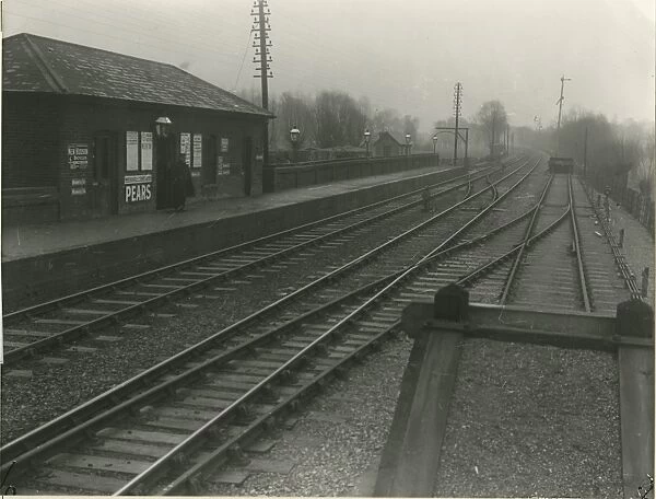 Burnt Mill station, view looking west of down platform building. The goods yard is