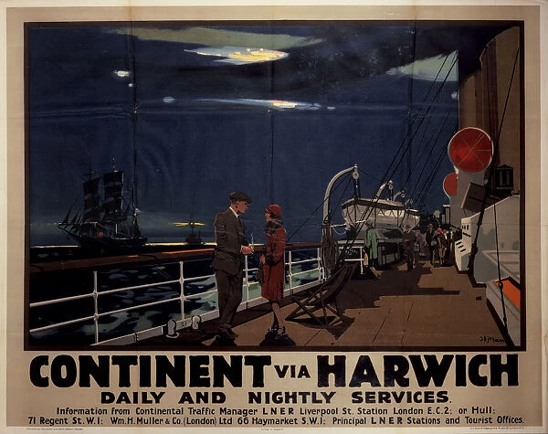 Continent via Harwich - Daily and Nightly Services, LNER poster, 1923-1947