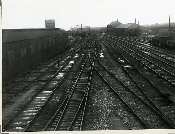 Ely station, looking southwards from station south box. Engine shed is to the left