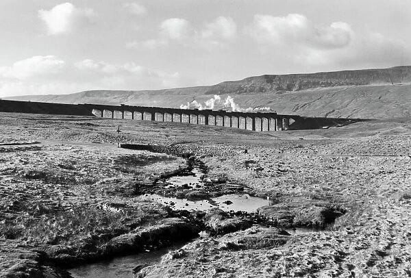 A goods train crossing the Ribblehead Viaduct, North Yorkshire, c 1950s