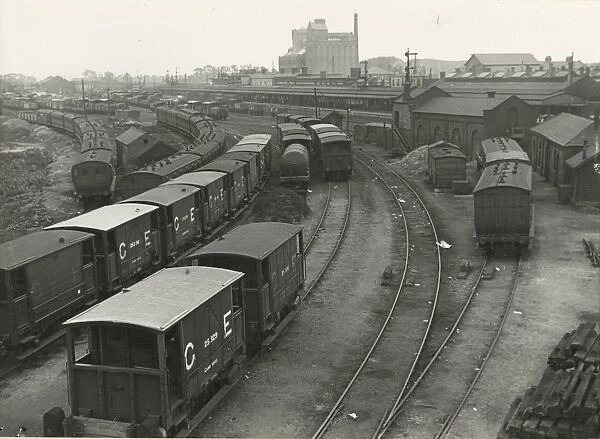Passenger station is in background, Fosters mill is behind. The storage sidings