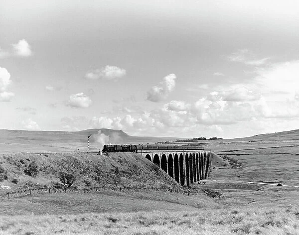 Steam trains going over the Ribblehead Viaduct, Settle and Carlisle line, c 1958