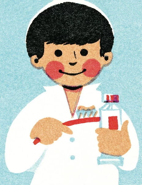 Boy in pajamas brushing teeth