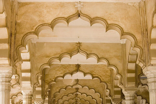India, Uttar Pradesh, Agra, Agra Fort, carved stone ceiling, arches