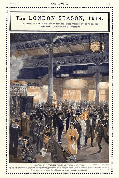 Arrival of a theatre train at Victoria Station, London (colour litho)