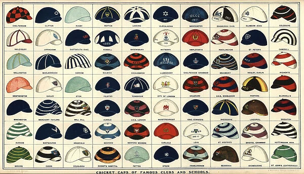 Caps and colours of famous British cricket clubs and schools (chromolitho)