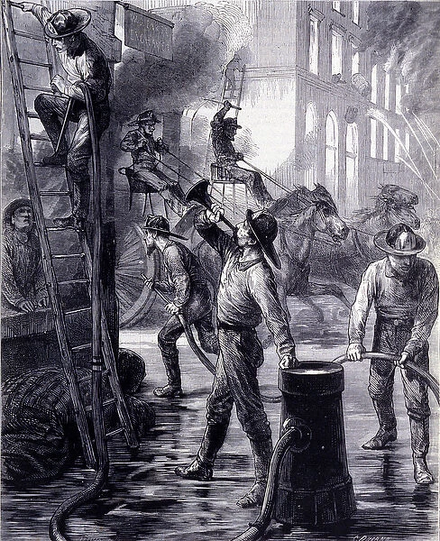 Chicago Fire Brigade Breaking a Fire, United States. 19th century