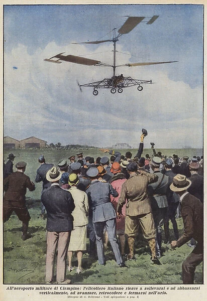 At the Ciampino military airport, the Italian helicopter manages to rise and lower... (colour litho)