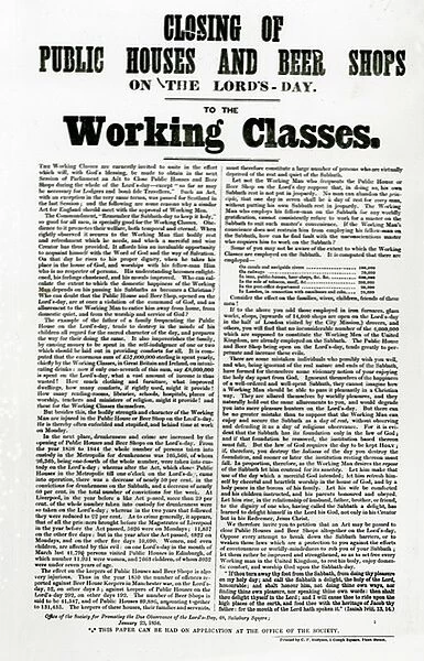 Closing public houses and beer shops on the Lords Day to the Working Classes, 1854