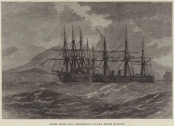 Collision between HMS Northumberland and HMS Hercules at Madeira (engraving)