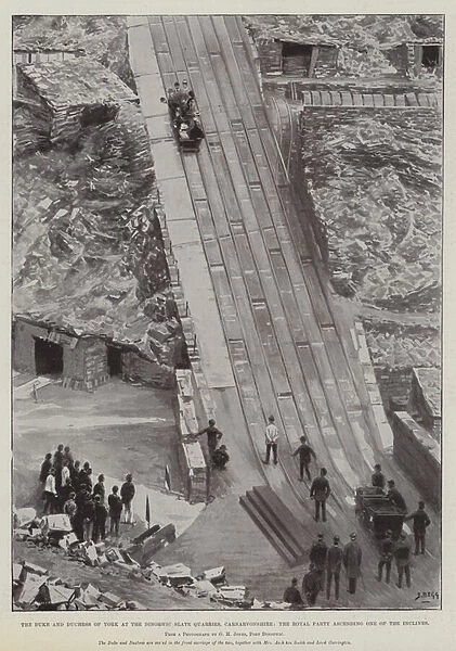 The Duke and Duchess of York at the Dinorwic Slate Quarries, Carnarvonshire, the Royal Party ascending One of the Inclines (litho)