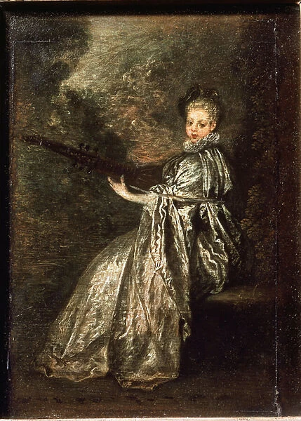 The finette girl playing a string musical instrument - oil on canvas, 18th century