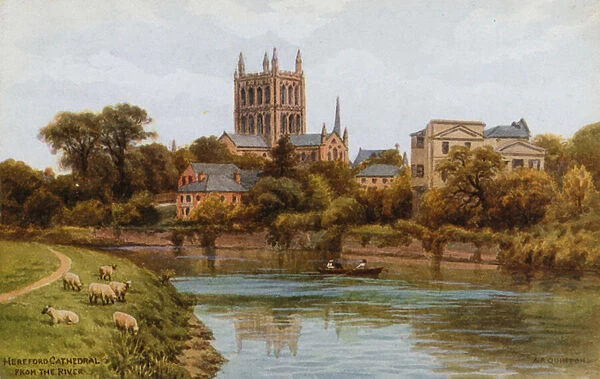 Hereford Cathedral, from the River (colour litho)