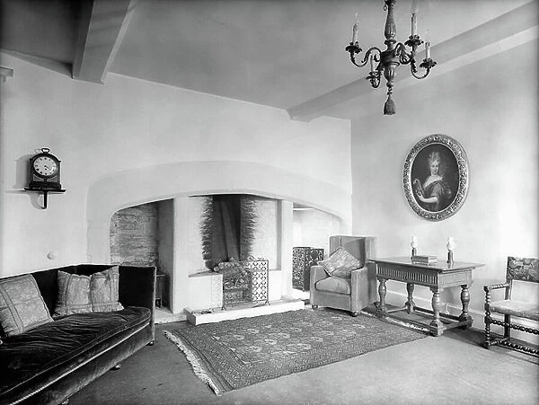 Interior of the south range at Beverston Castle, Gloucestershire, from Country Houses of the Cotswolds (b / w photo)