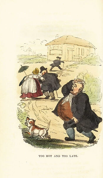 Obese people running to catch a stage coach in Georgian England. 1831 (engraving)