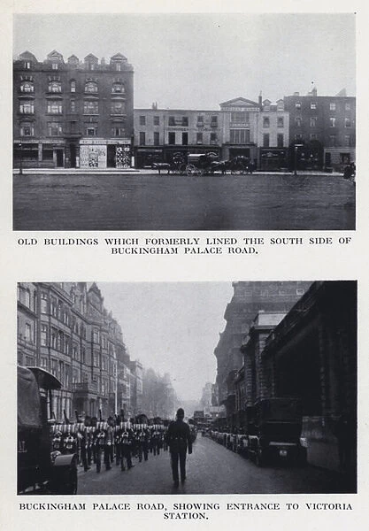 Old buildings which formerly lined the south side of Buckingham Palace Road; Buckingham Palace Road, showing entrance to Victoria Station (b  /  w photo)