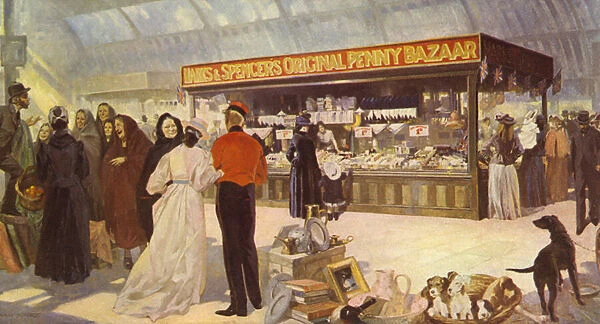 The original type of 'Open Penny Bazaar'in the Public Market Hall, 1890 (colour litho)