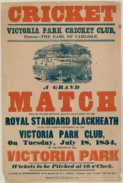 Poster advertising a cricket match at Victoria Park Cricket Club on 18 July 1854 (engraving)