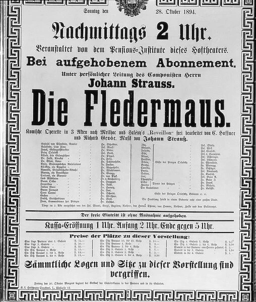 Poster advertising Die Fledermaus by Johann Strauss the Younger, for a