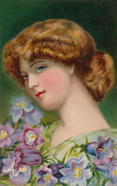 Pretty auburn-haired girl with flowers (chromolitho)