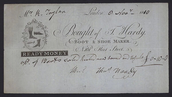 Receipt of goods bought at T Hardy, boot and shoe maker (engraving)