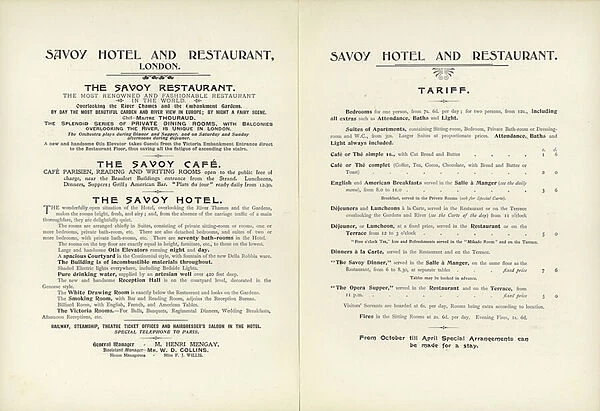 Savoy Hotel tariff, 1900 (litho)