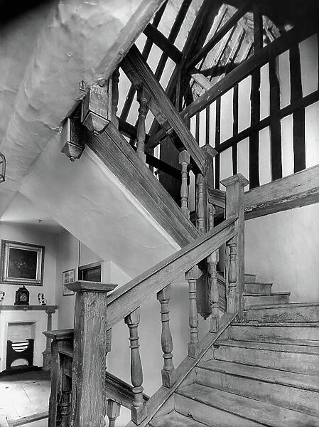 The staircase to the south range, Beverston Castle, Gloucestershire, from Country Houses of the Cotswolds (b / w photo)