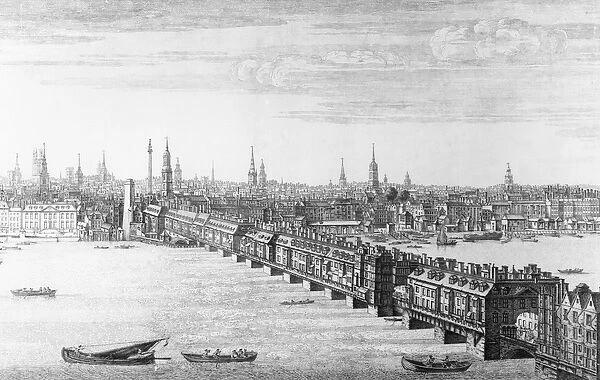 West Front of London Bridge, 1749 (engraving) (b  /  w photo)