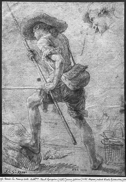 Young fisherman by the sea (black pencil & chalk highlights on bistre paper) (b  /  w photo)