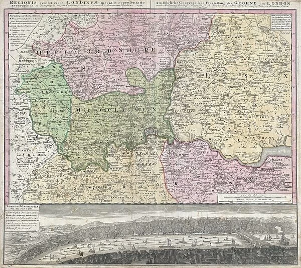 1741, Homann View and Map of London, England and Environs, topography, cartography