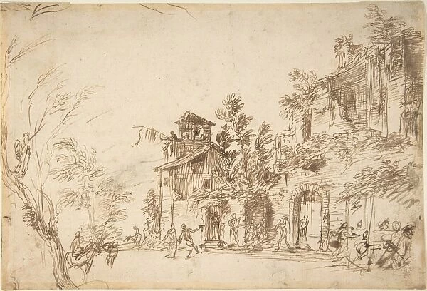 Landscape Ruins 18th century Pen brown ink cream laid paper